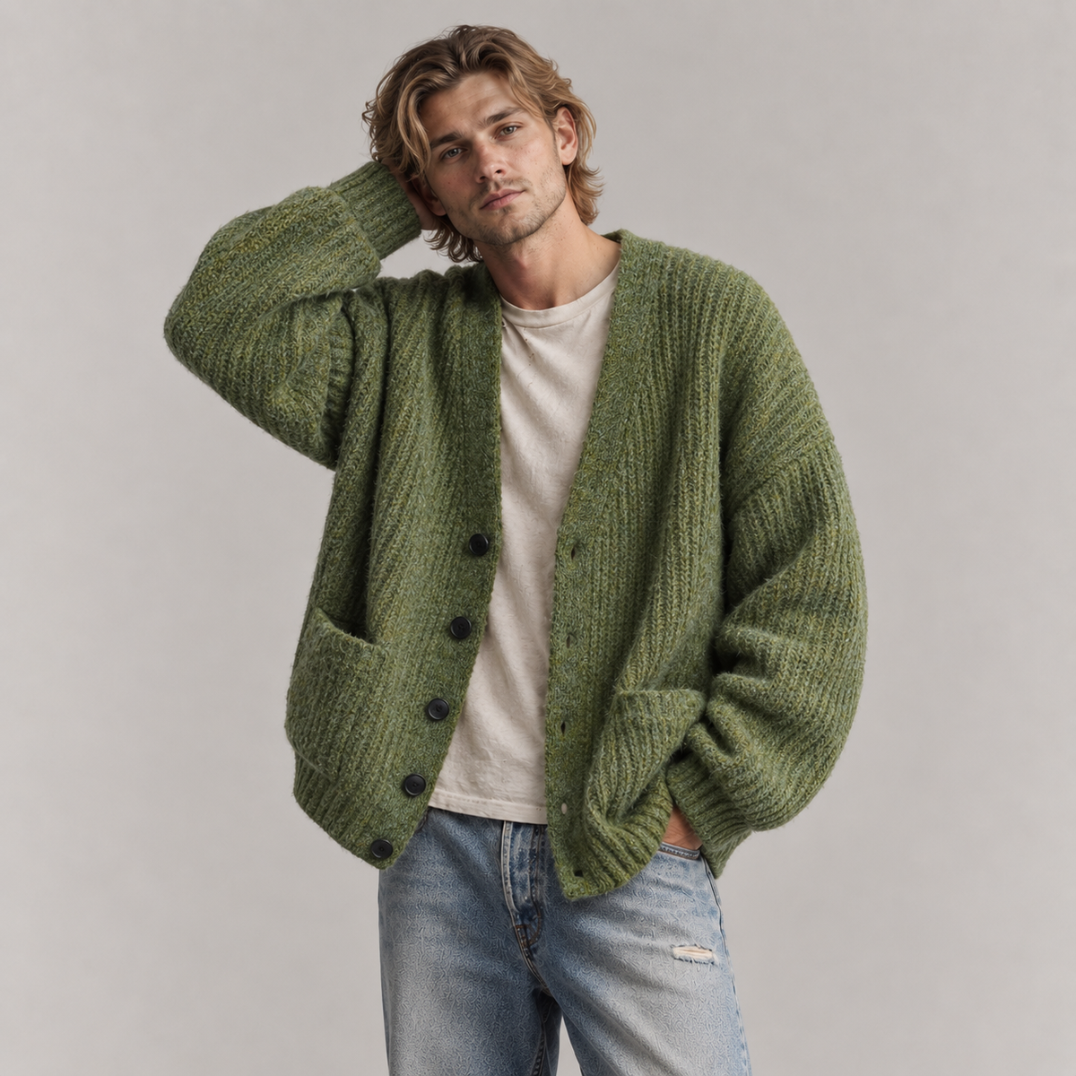 Men's Cardigan - Oversized Brushed Knit V Neck Patch Pockets