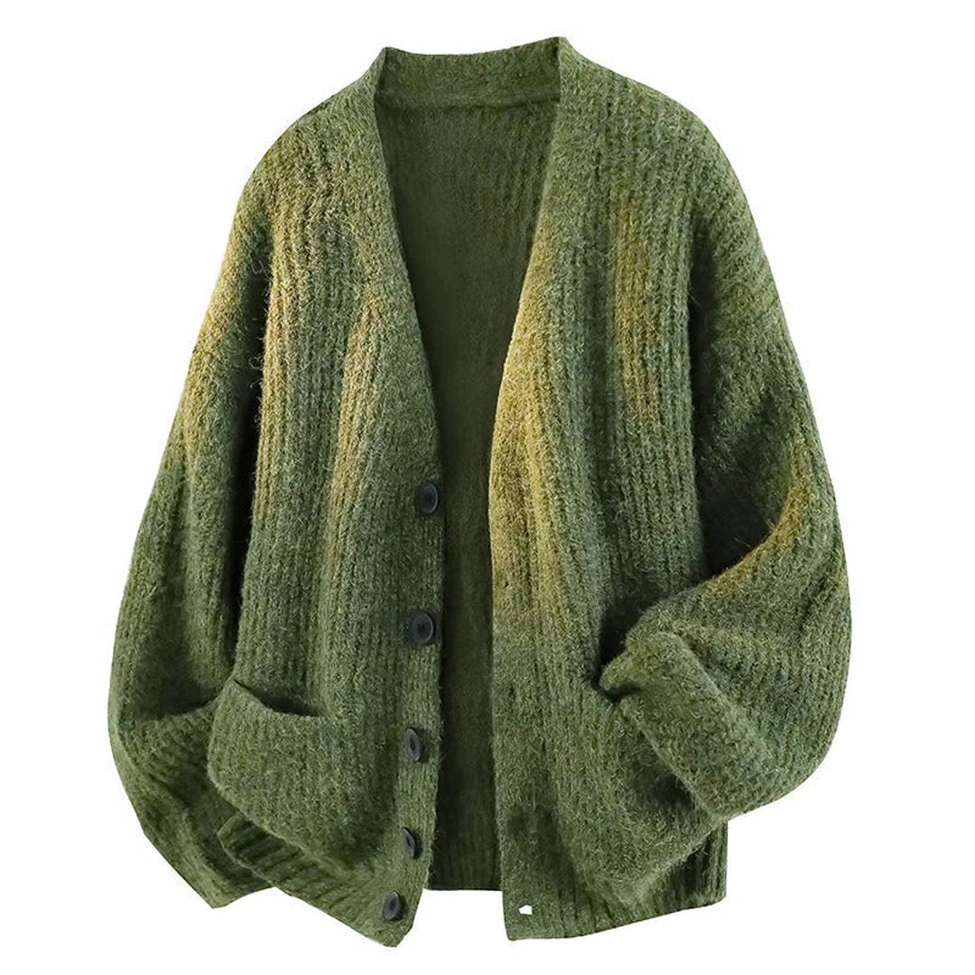 Men's Cardigan - Oversized Brushed Knit V Neck Patch Pockets