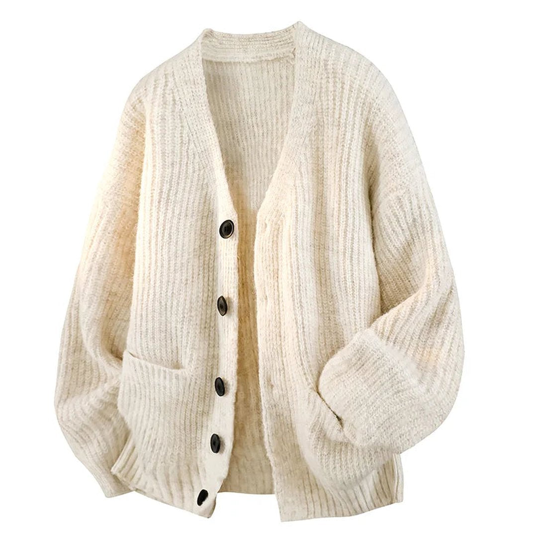 Men's Cardigan - Oversized Brushed Knit V Neck Patch Pockets