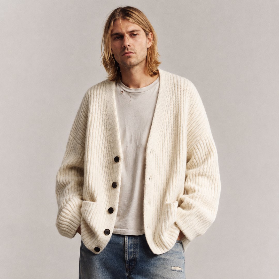 Men's Cardigan - Oversized Brushed Knit V Neck Patch Pockets