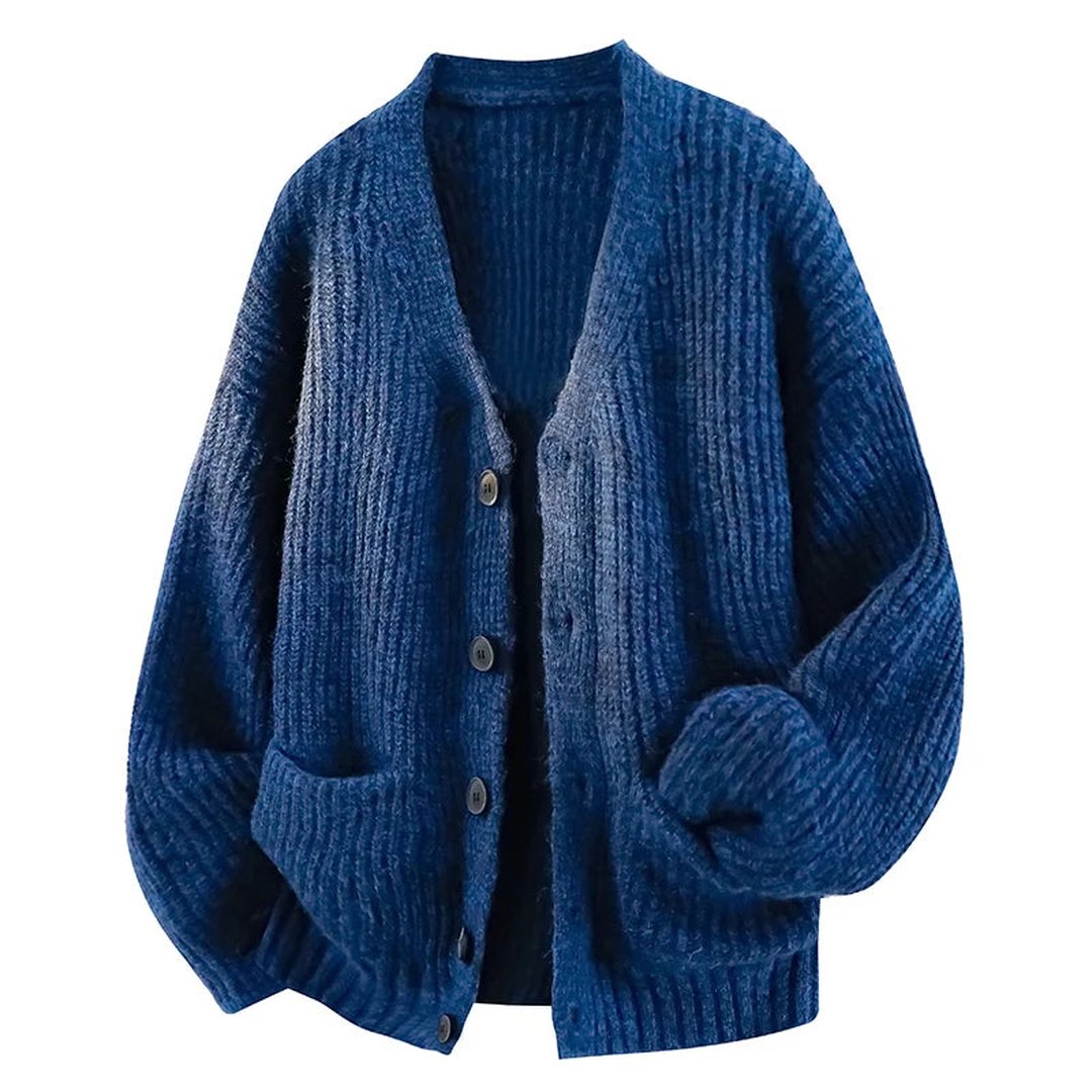 Men's Cardigan - Oversized Brushed Knit V Neck Patch Pockets
