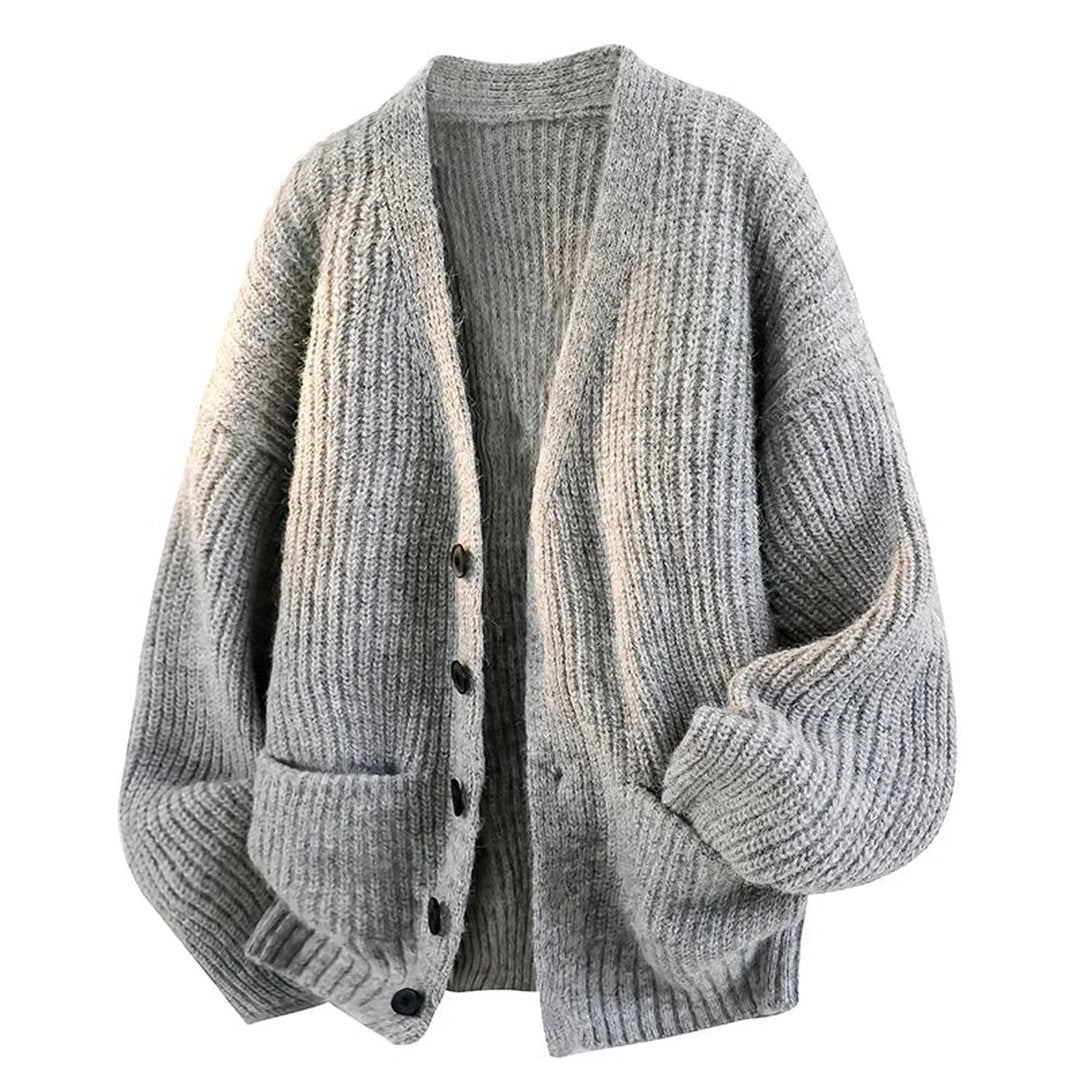 Men's Cardigan - Oversized Brushed Knit V Neck Patch Pockets