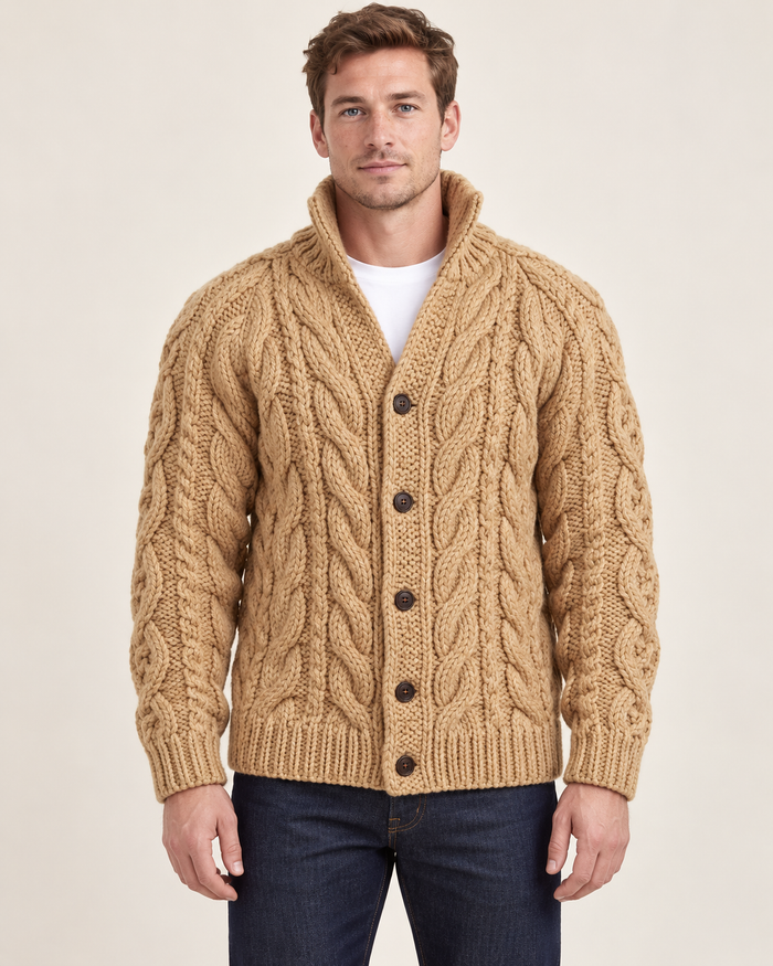Men's stand collar cardigan in khaki, front view