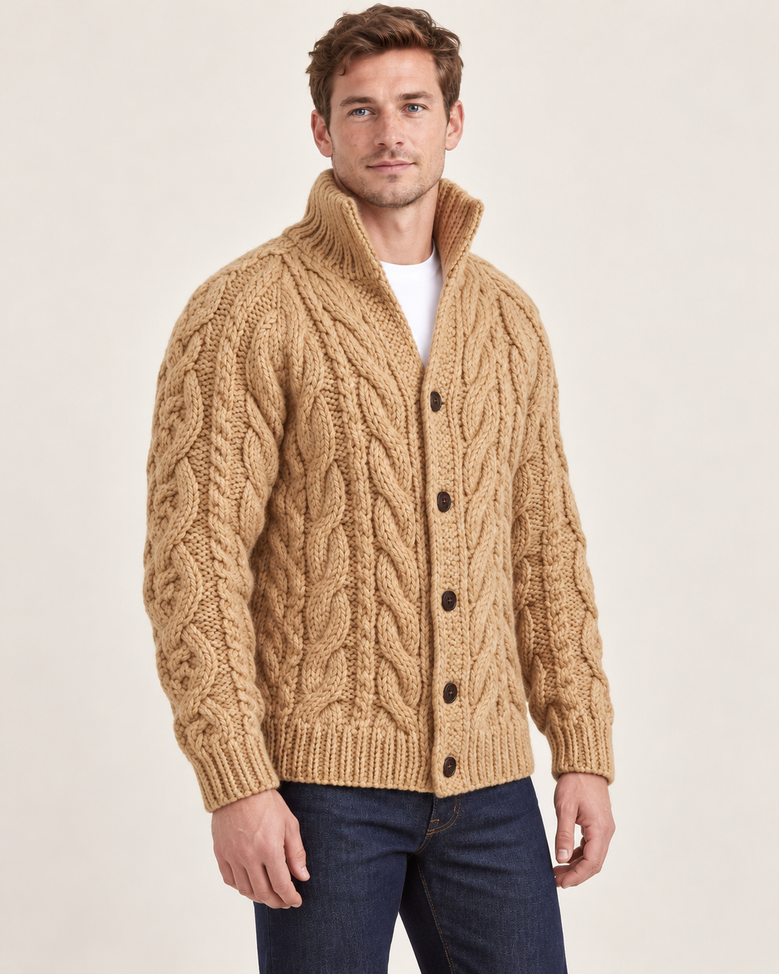 Men's stand collar cardigan in khaki, three-quarter view