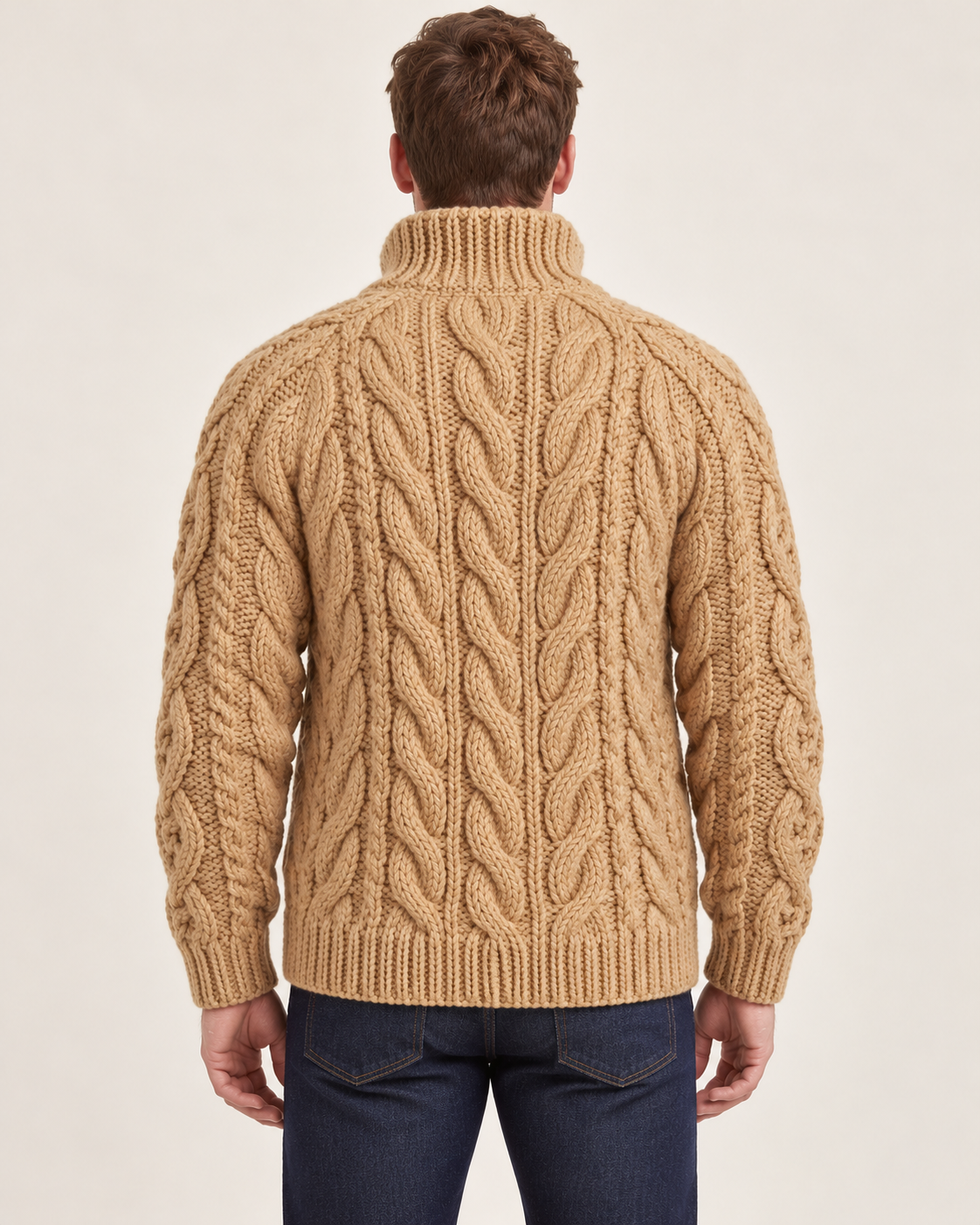 Men's stand collar cardigan in khaki, back view