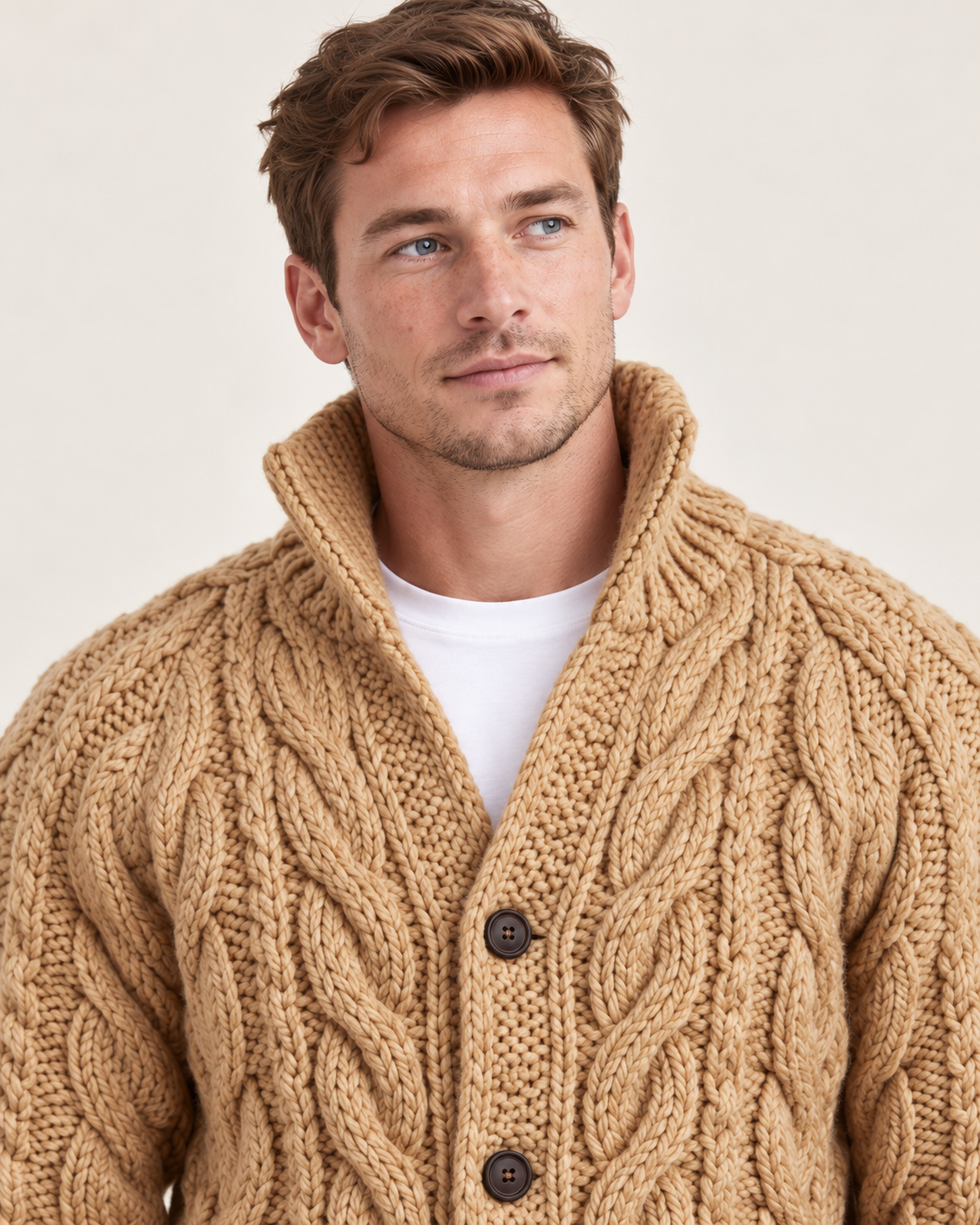 Men's stand collar cardigan in khaki, front close-up