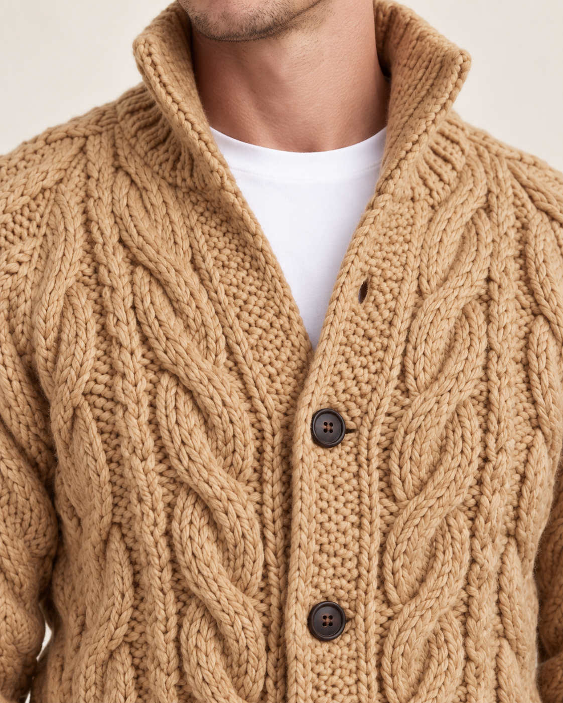 Men's stand collar cardigan in khaki, knit and button detail
