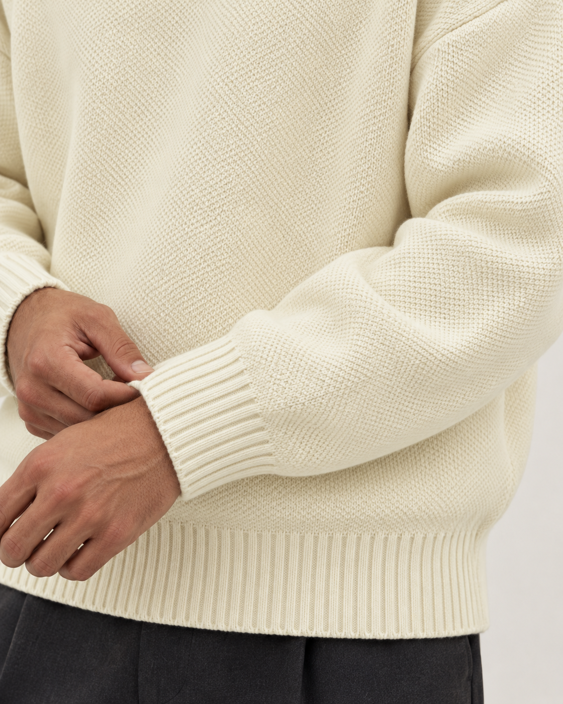 Men's crew neck jumper in cream, fabric detail view