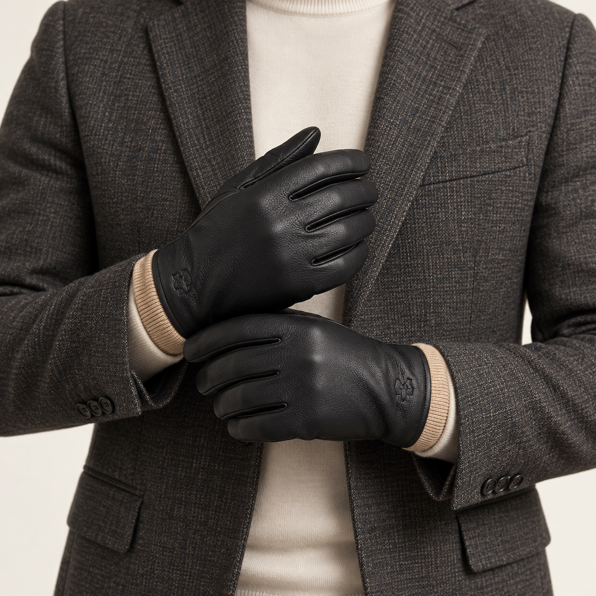 Black driving gloves — front on model