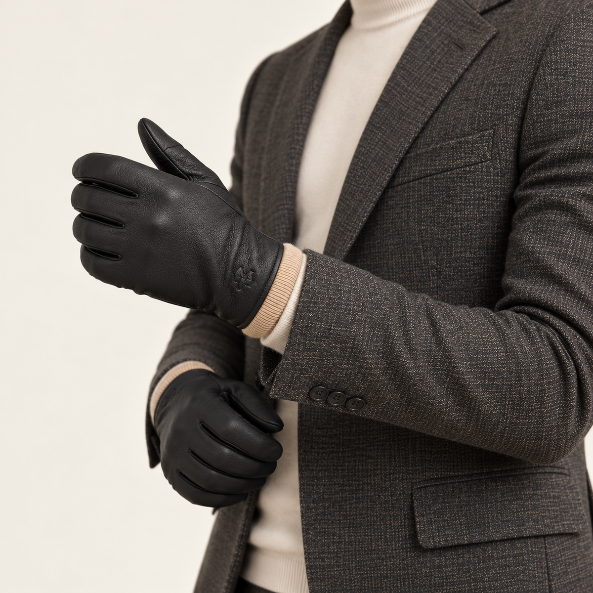Black driving gloves — three-quarter on model