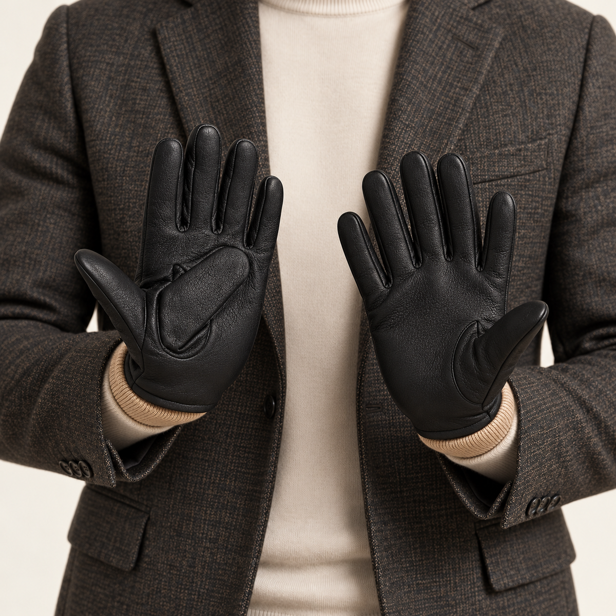 Black gloves — palm view on model