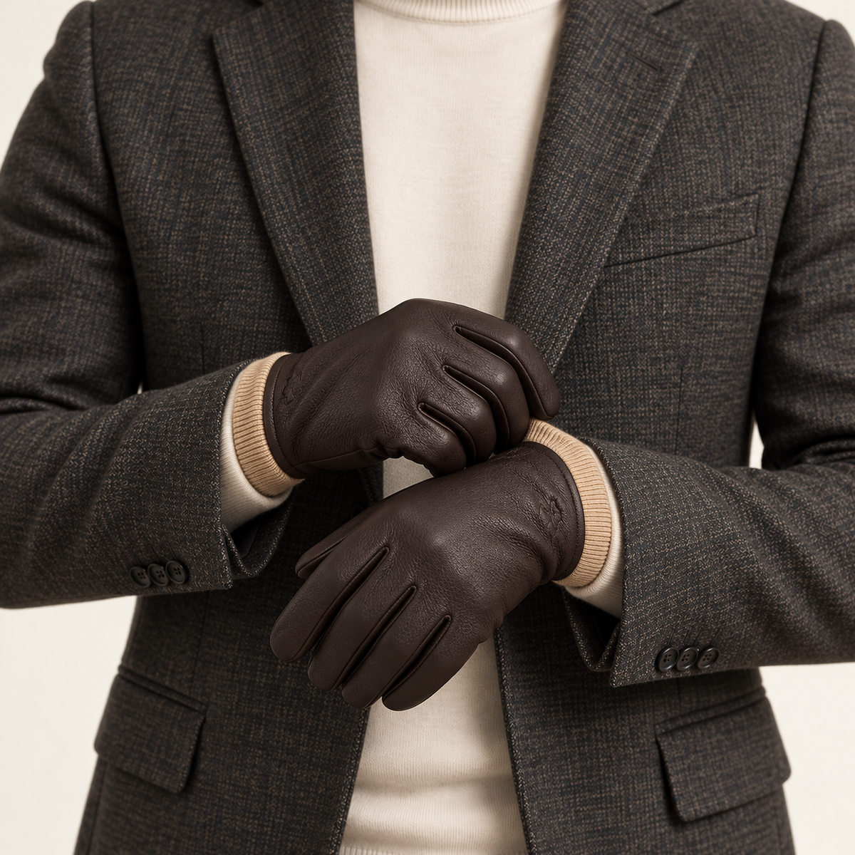 Brown gloves — front on model