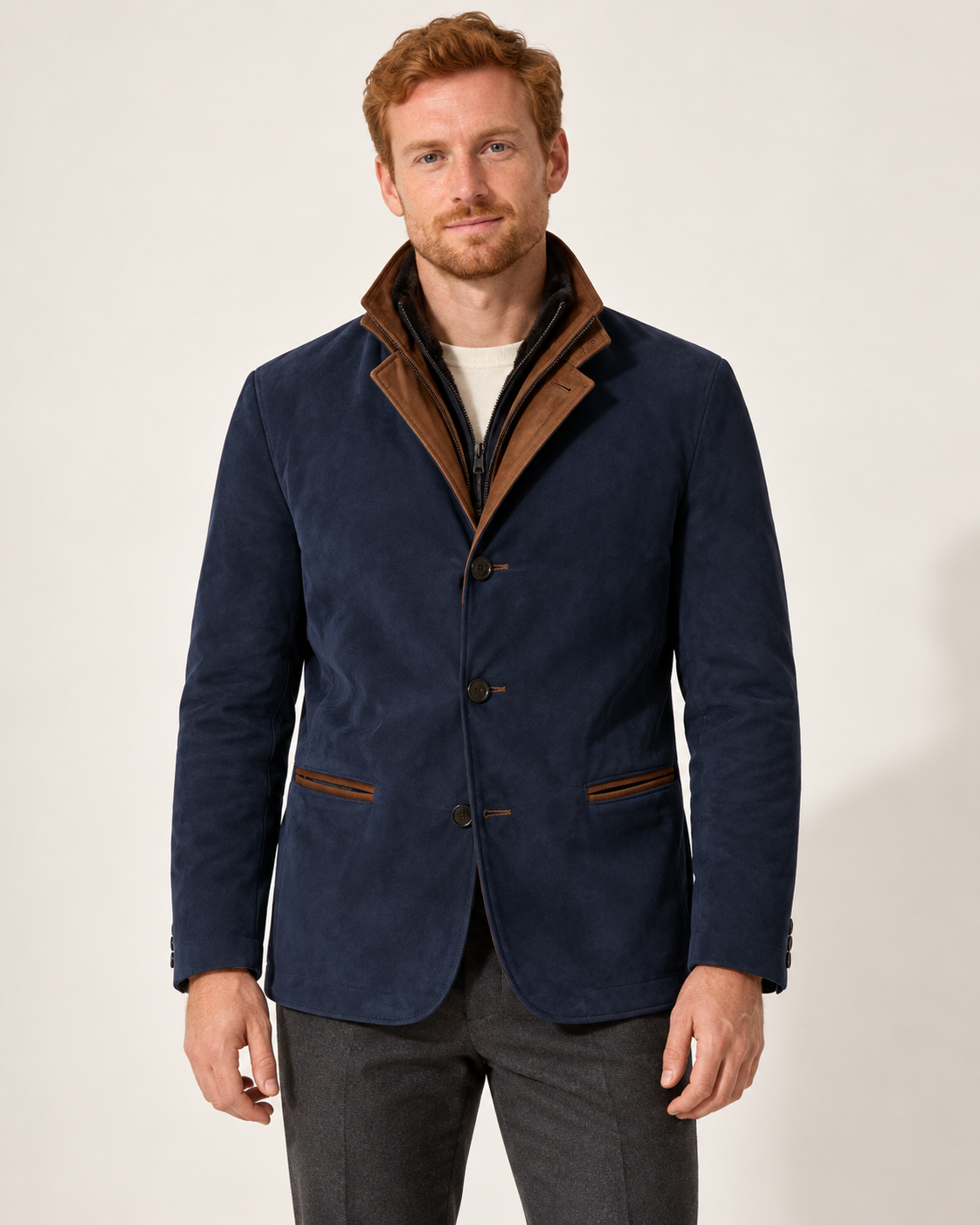 Men's faux suede jacket in navy, front view