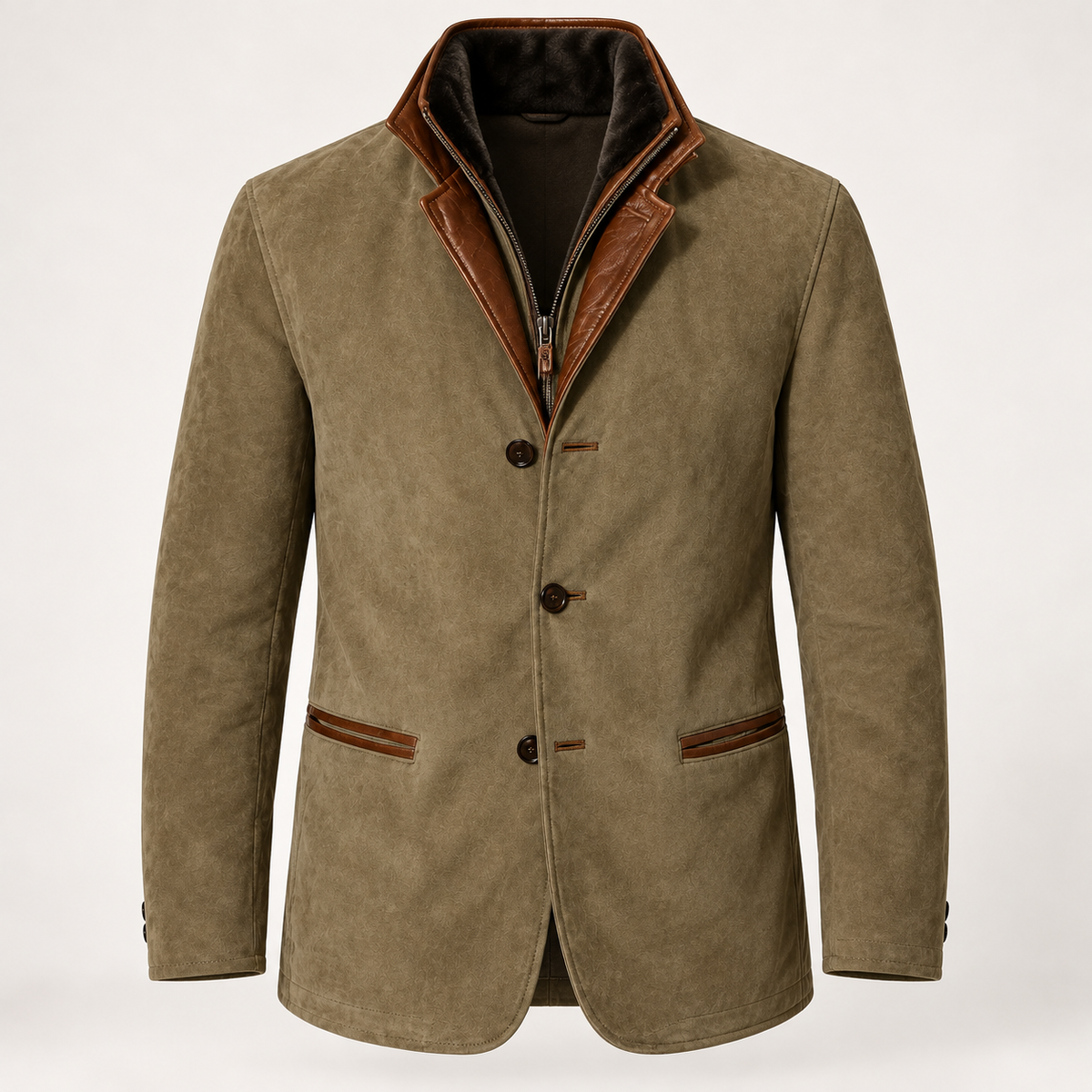 Men's faux suede jacket in olive green, product view