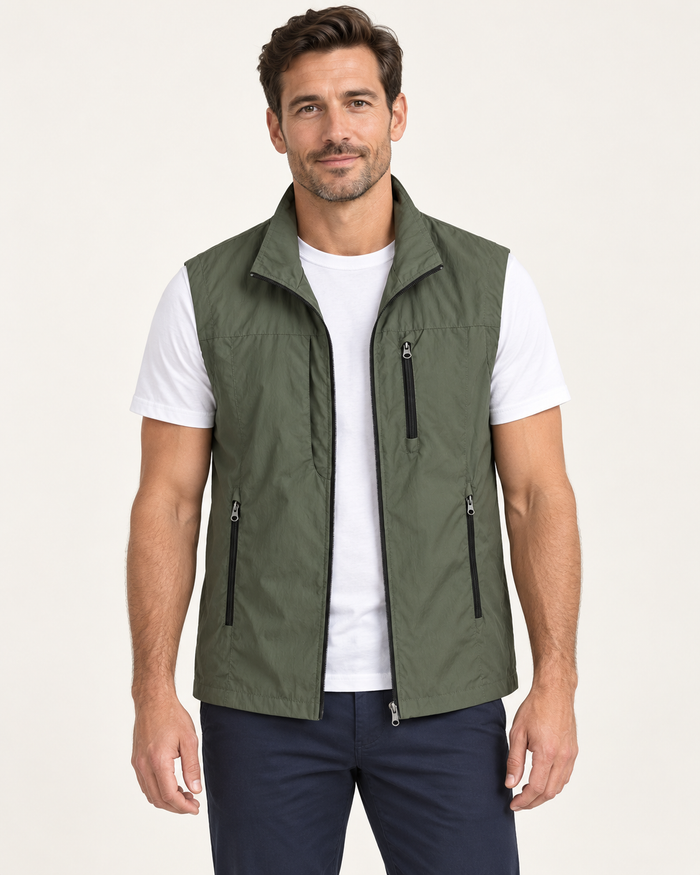 Men's gilet in green, front view