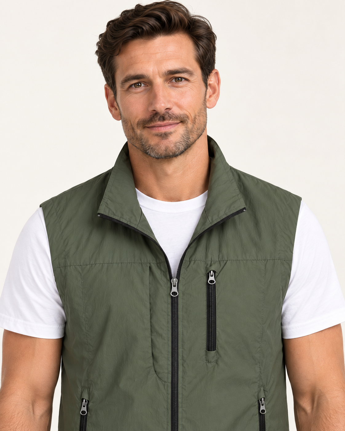 Men's gilet in green, chest-up close-up