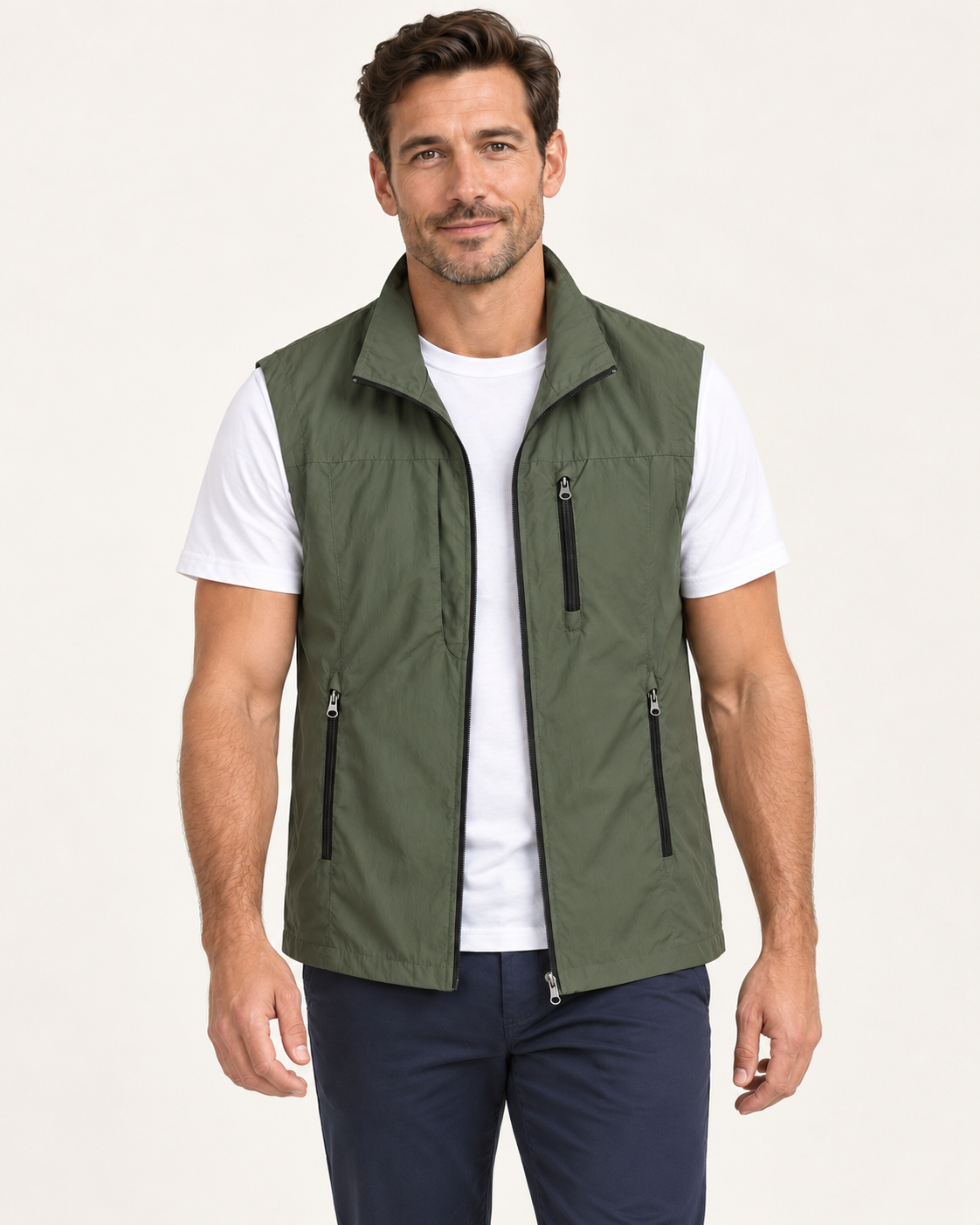 Men's gilet in green, styling view