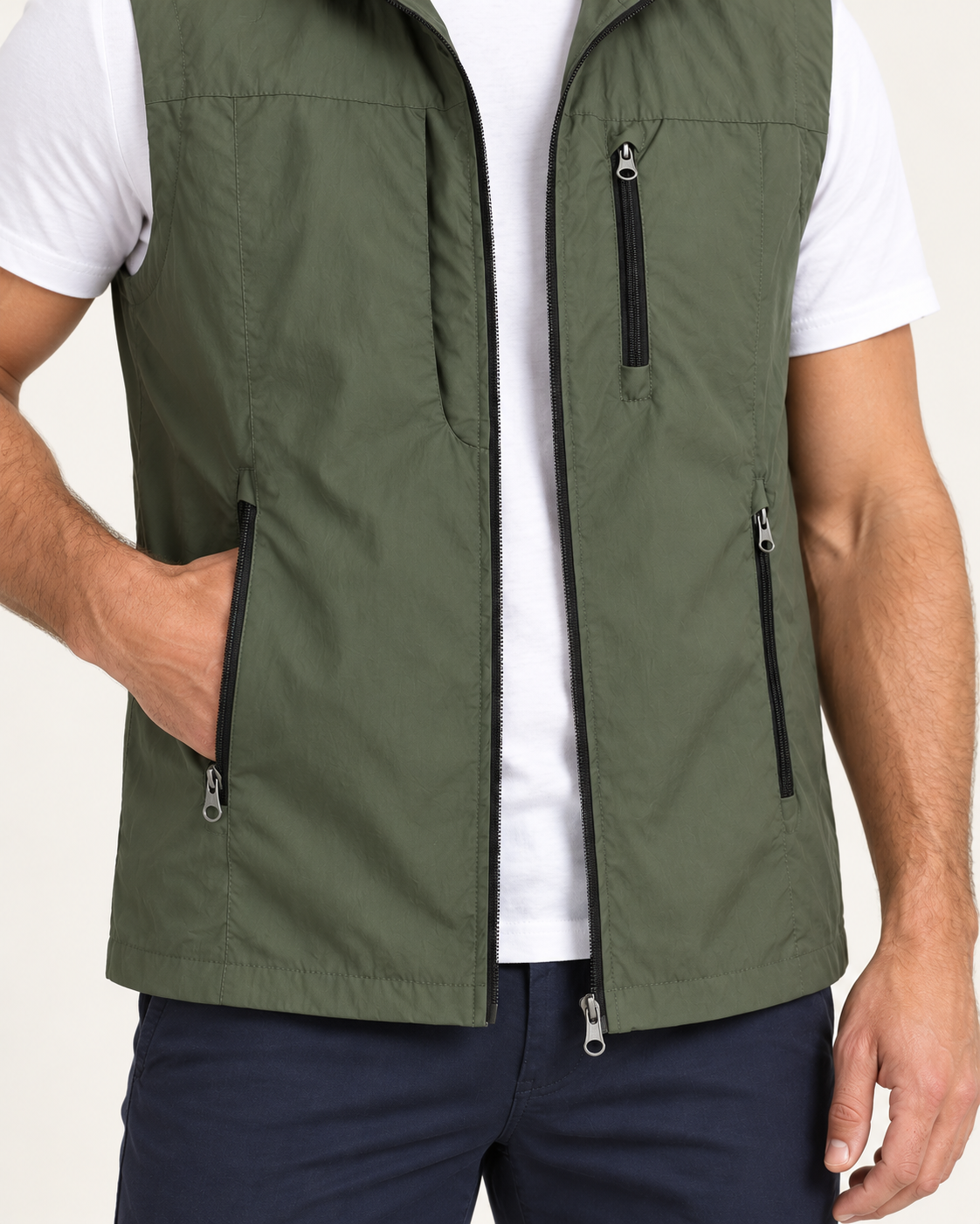 Men's gilet in green, fabric and zip detail