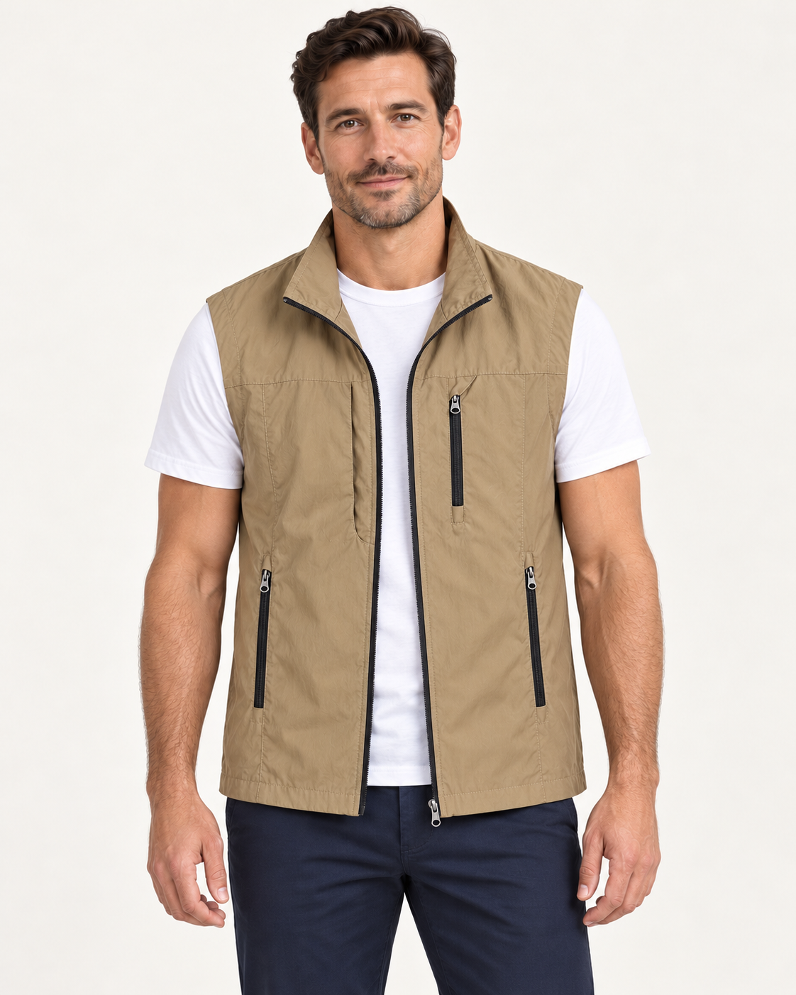 Men's gilet in khaki, front view
