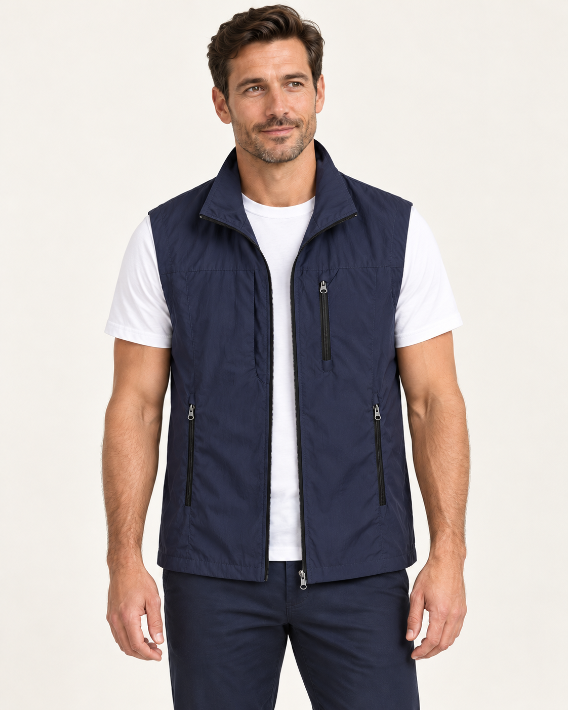 Men's gilet in navy, front view