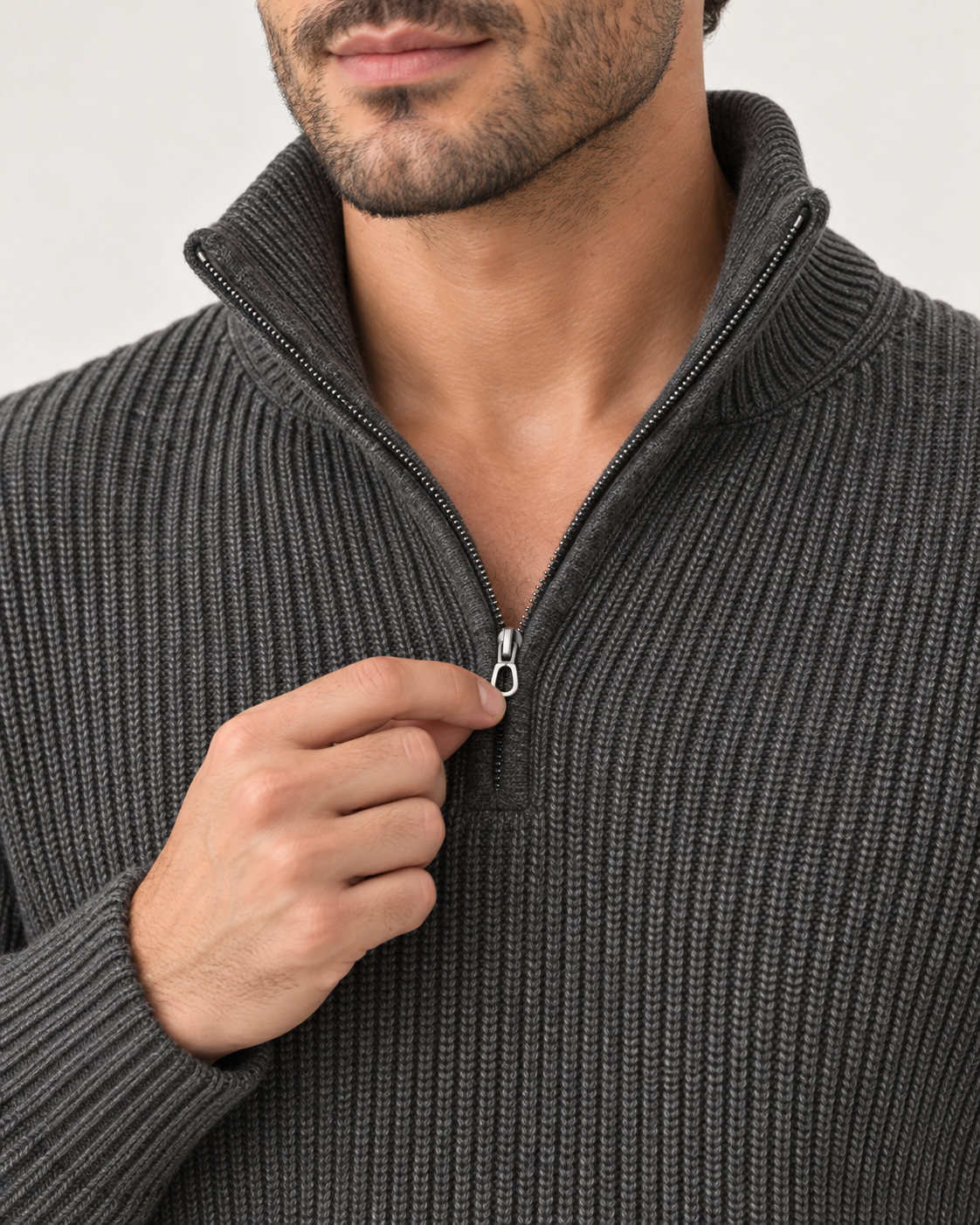 Men's Half Zip Jumper - Cashmere Blend Rib Knit High Collar