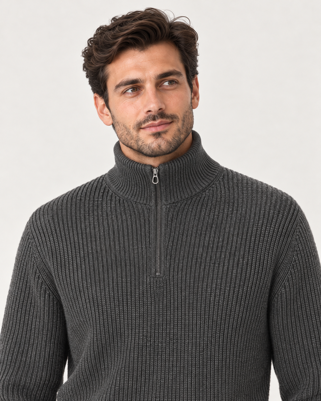 Men's Half Zip Jumper - Cashmere Blend Rib Knit High Collar