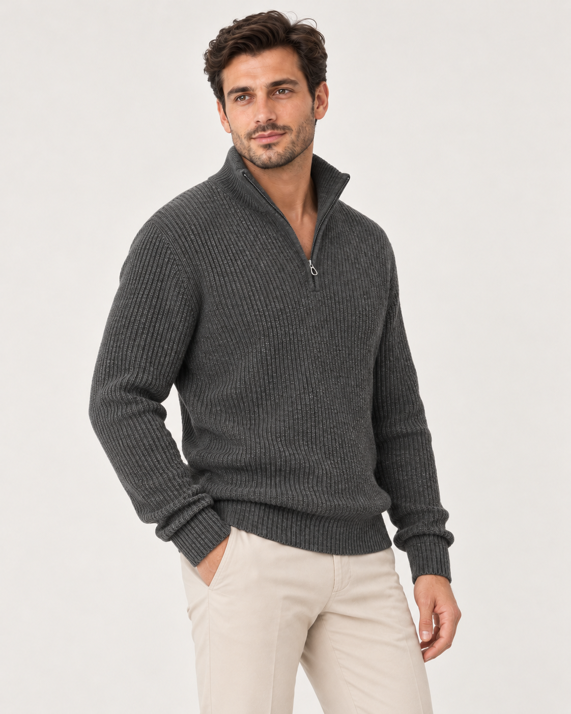 Men's Half Zip Jumper - Cashmere Blend Rib Knit High Collar