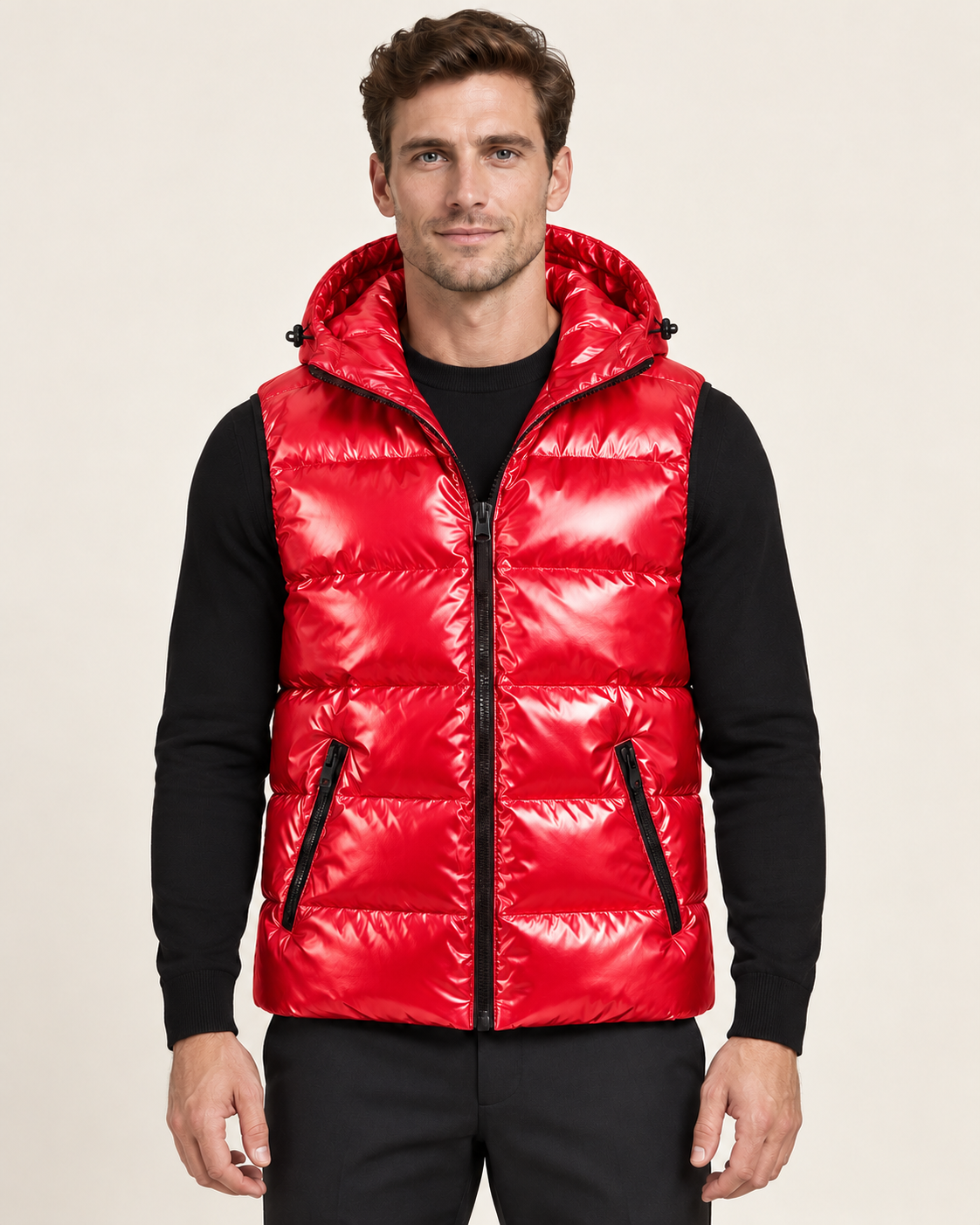 Men's hooded gilet in red, front view