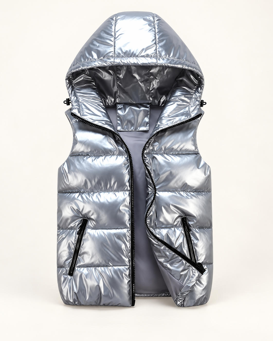 Men's hooded gilet in light grey, product-only front view