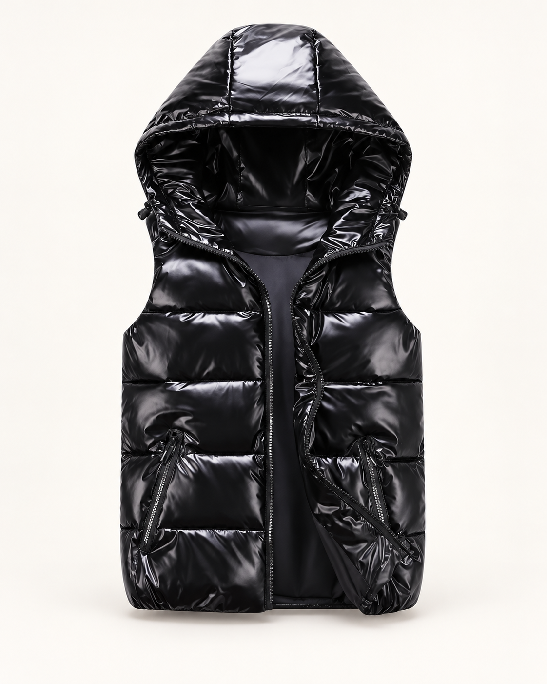 Men's hooded gilet in black, product-only front view