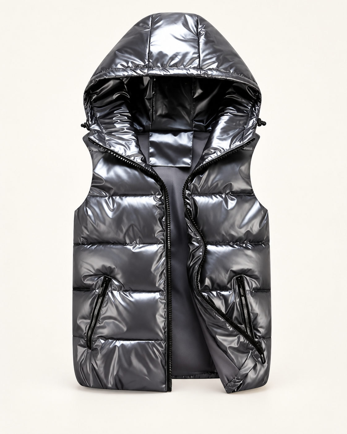 Men's hooded gilet in dark grey, product-only front view