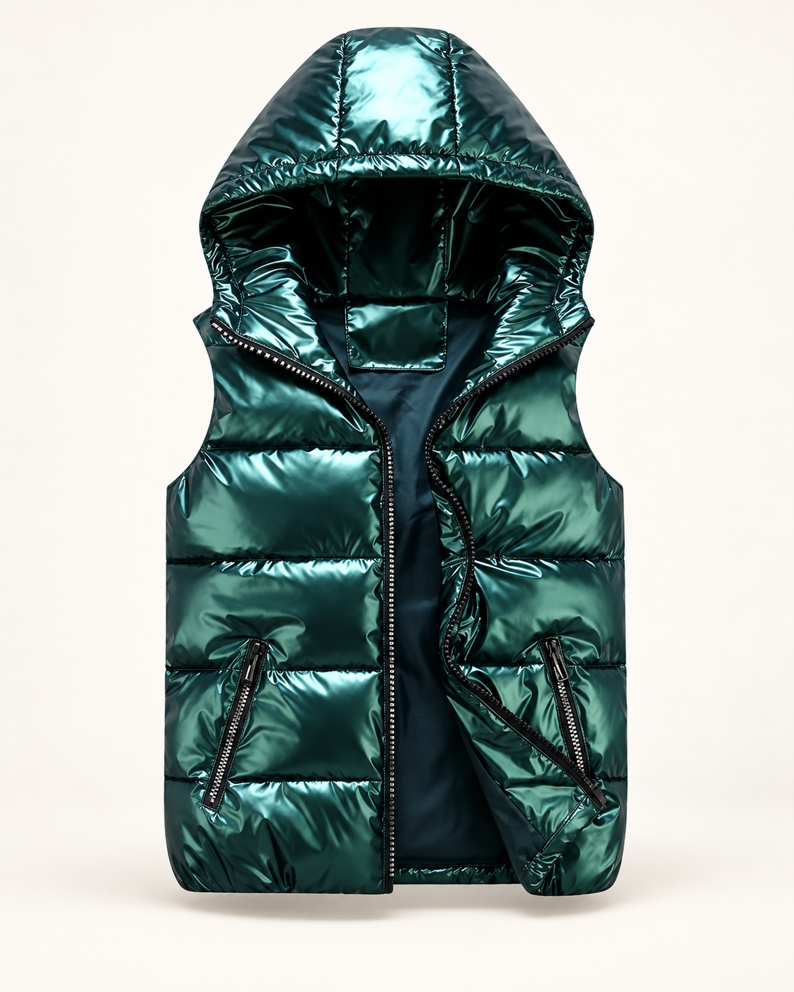Men's hooded gilet in green, product-only front view