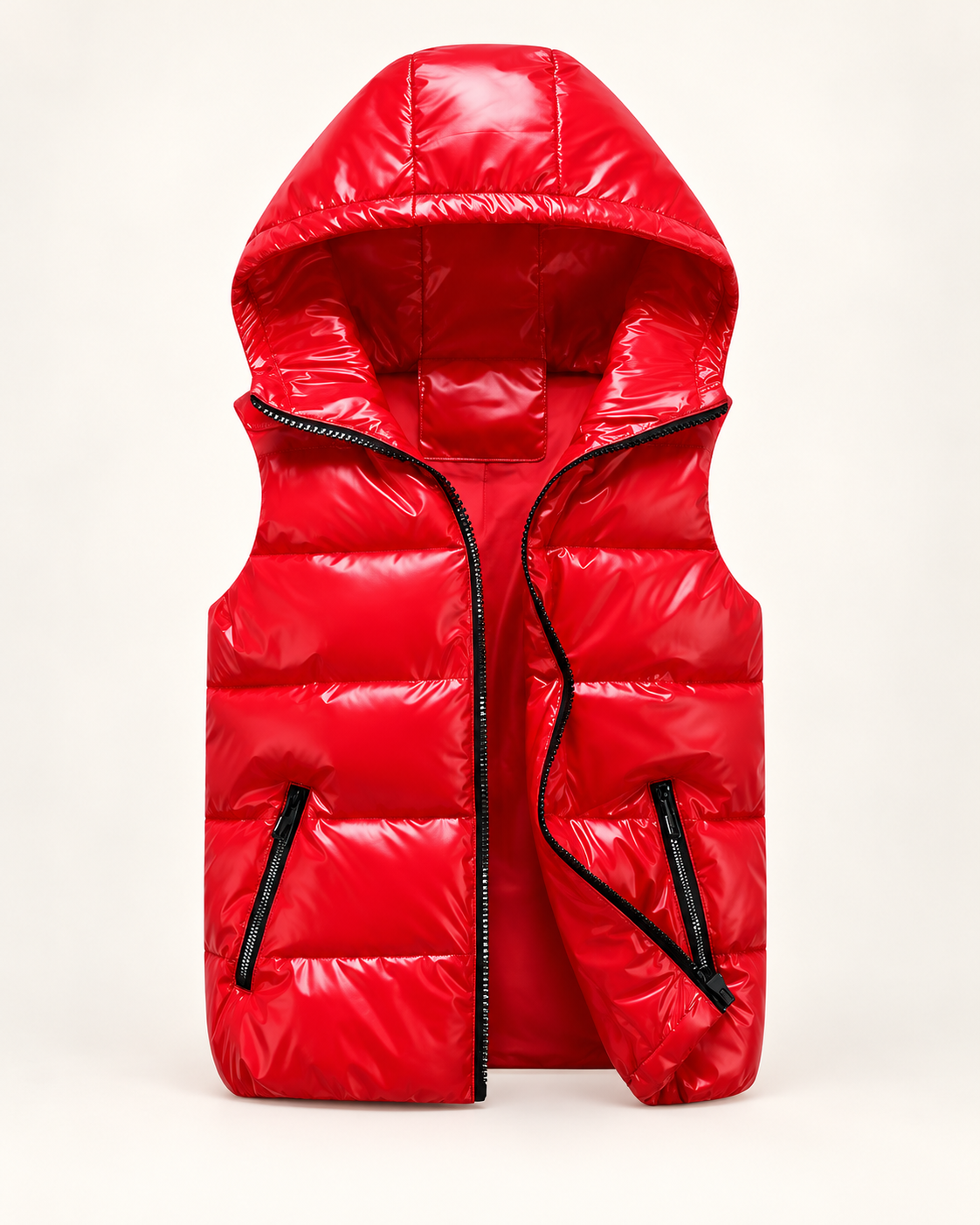 Men's hooded gilet in red, product-only front view