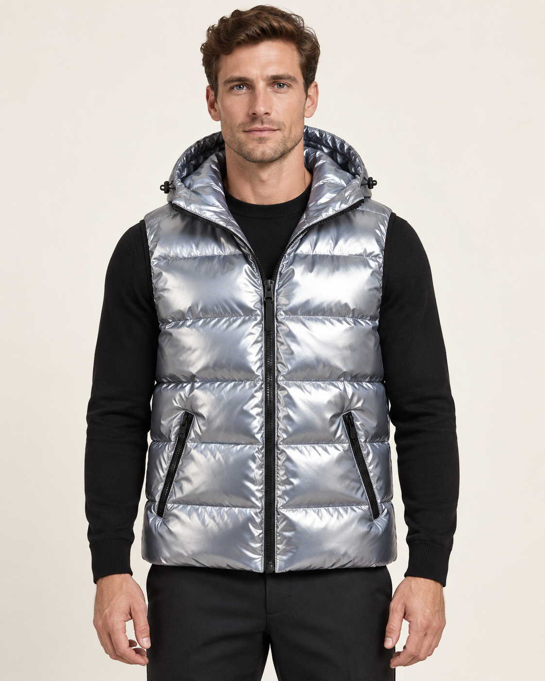 Men's hooded gilet in light grey, front view