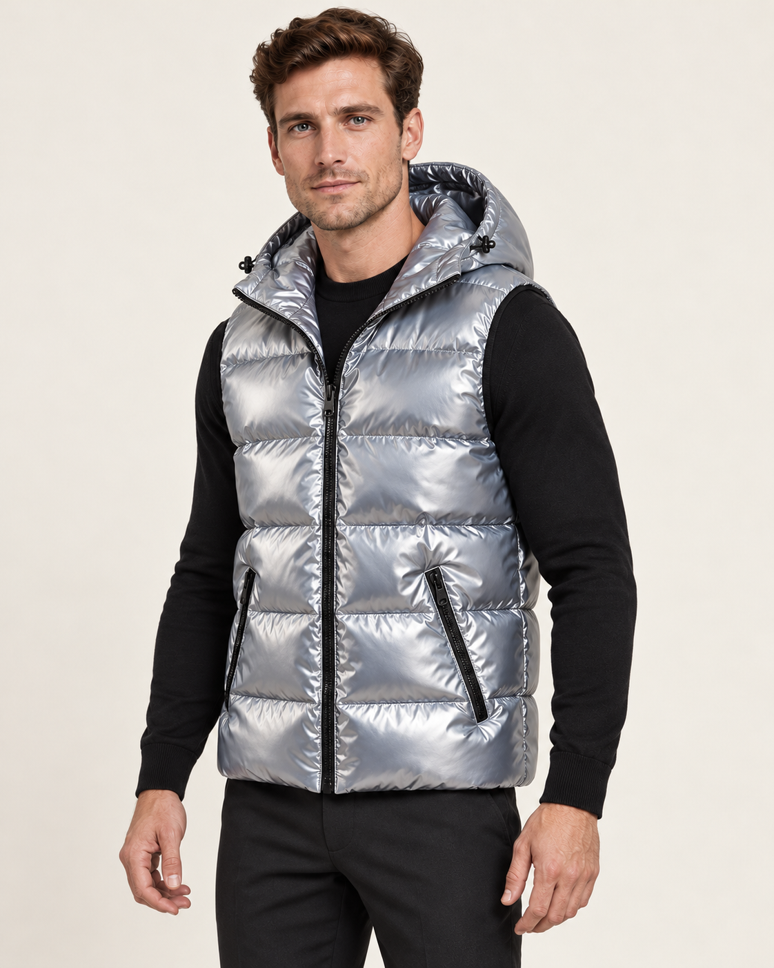 Men's hooded gilet in light grey, three-quarter view