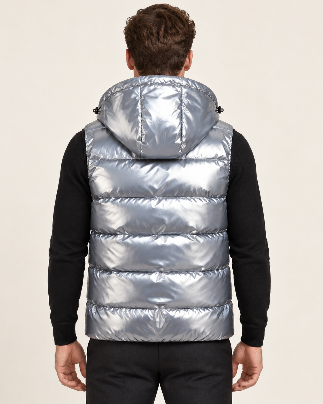 Men's hooded gilet in light grey, back view