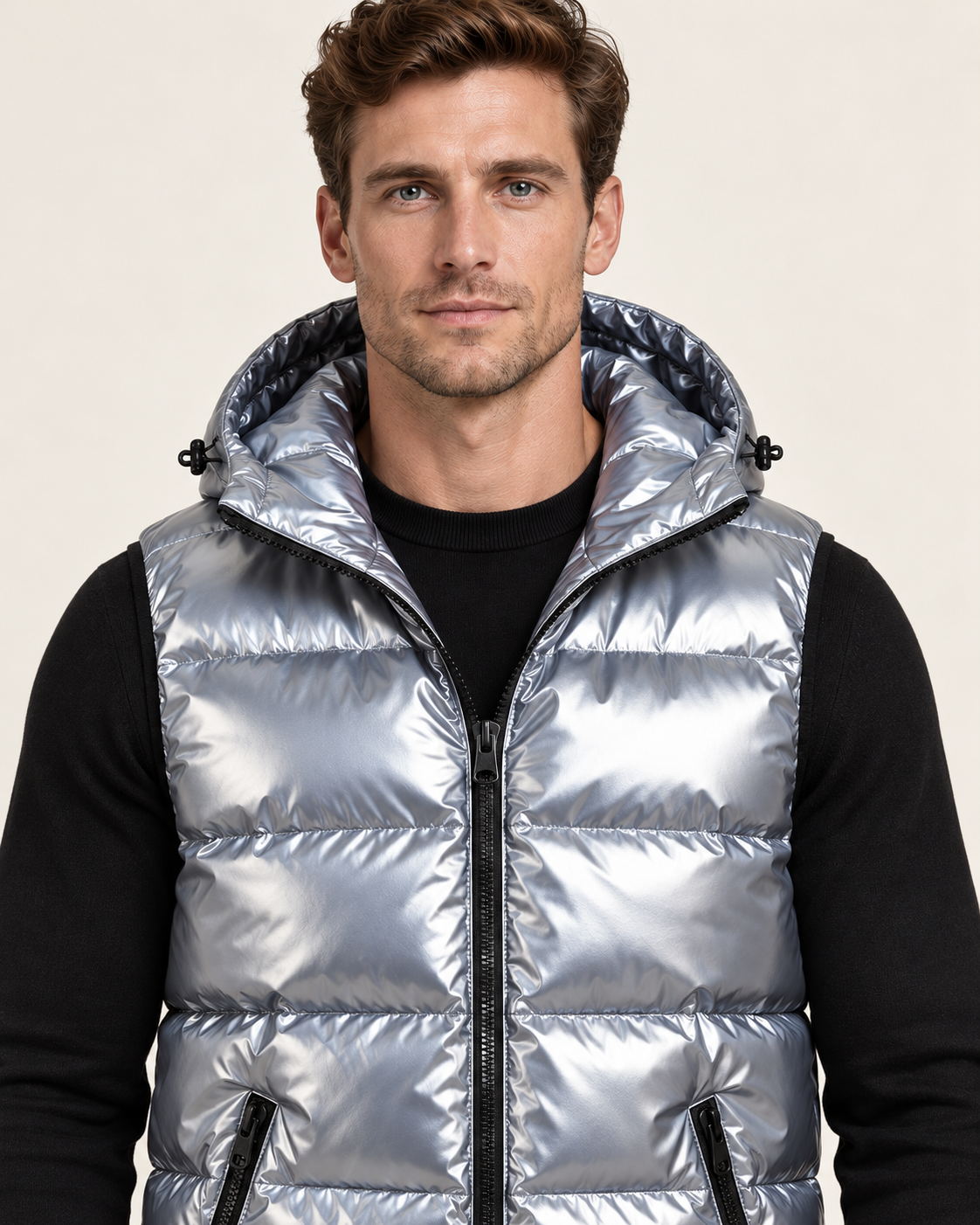 Men's hooded gilet in light grey, chest close-up