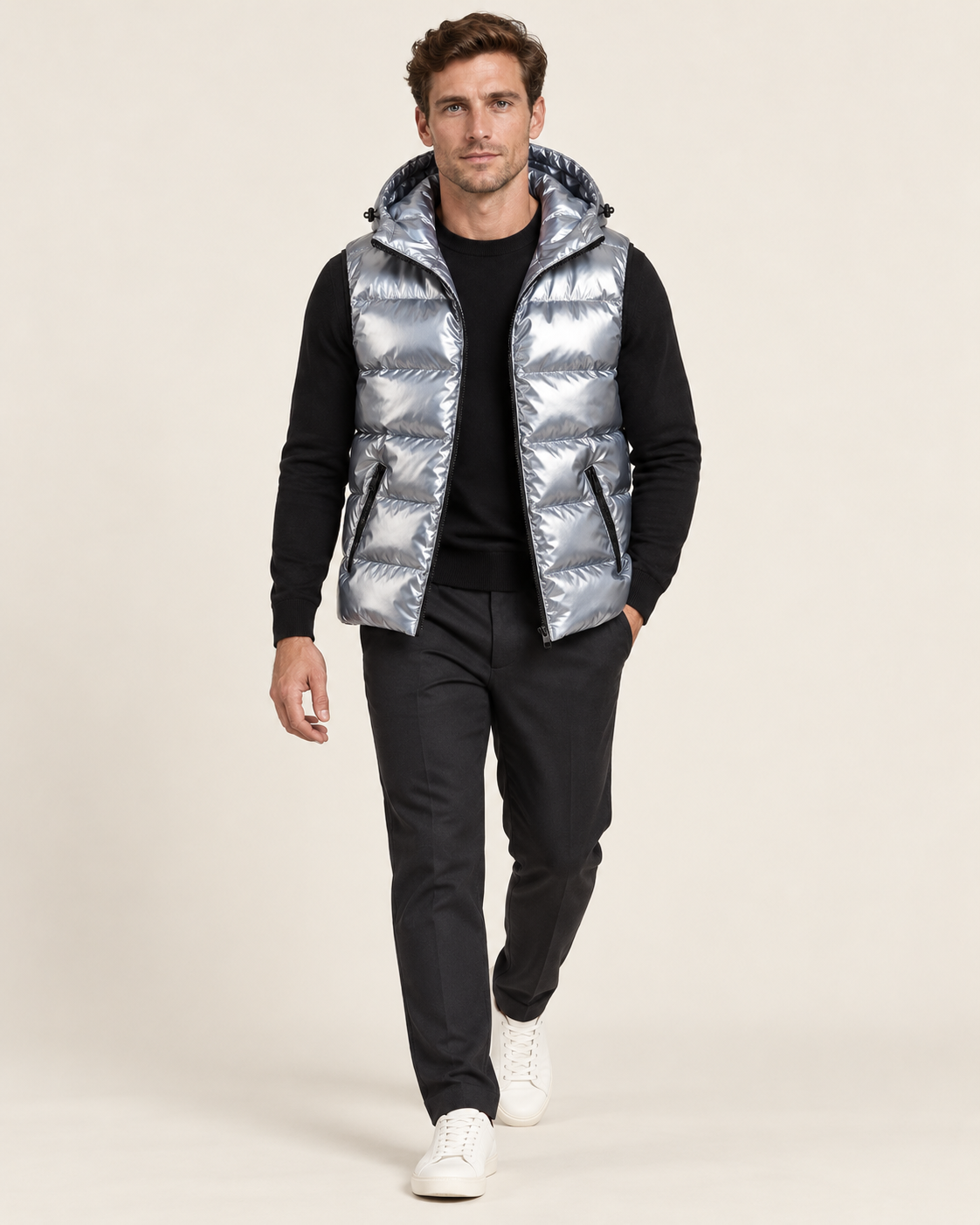 Men's hooded gilet in light grey, styling view