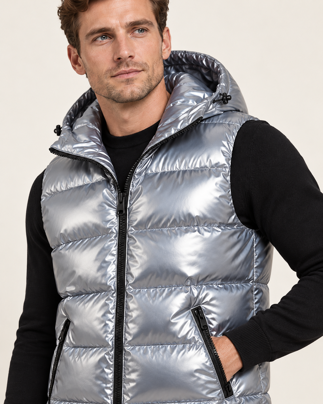 Men's hooded gilet in light grey, zip pocket detail