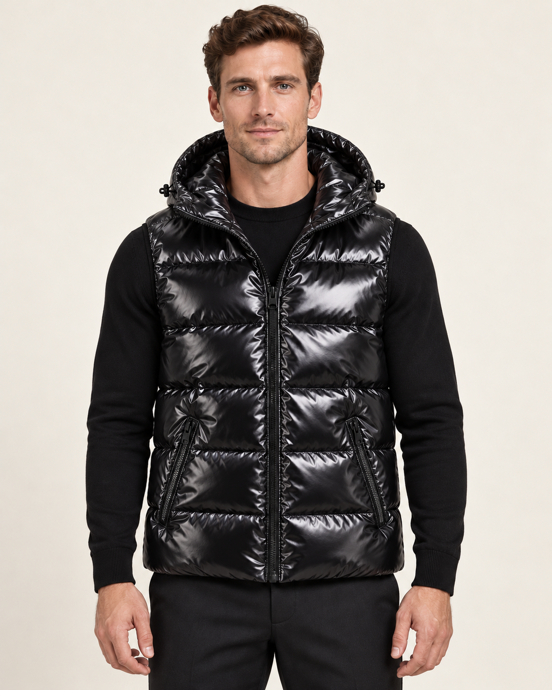 Men's hooded gilet in black, front view