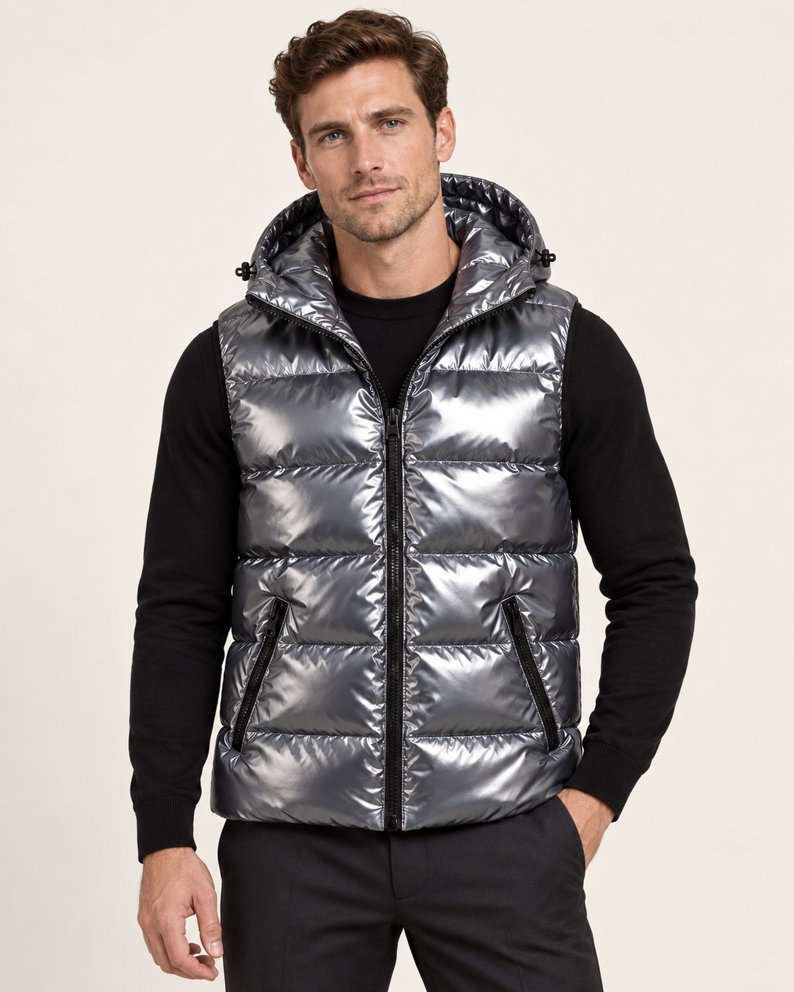 Men's hooded gilet in dark grey, front view