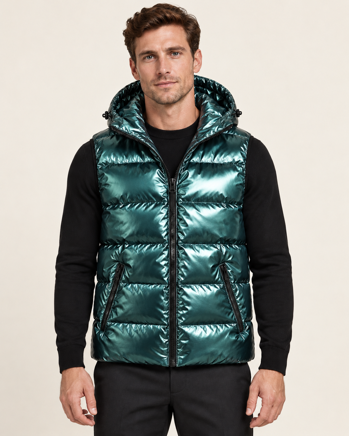 Men's hooded gilet in green, front view