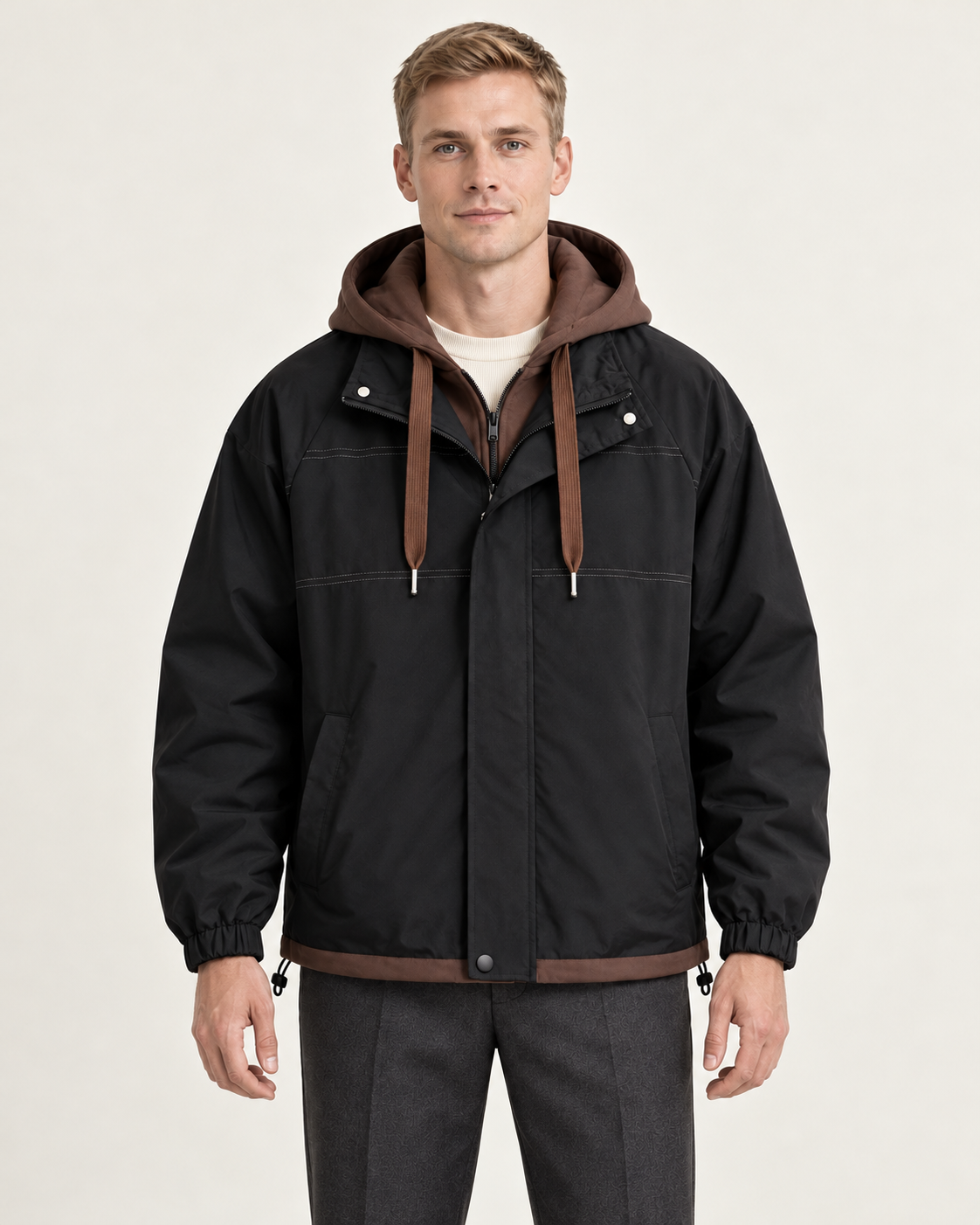 Men's hooded jacket in black, front view