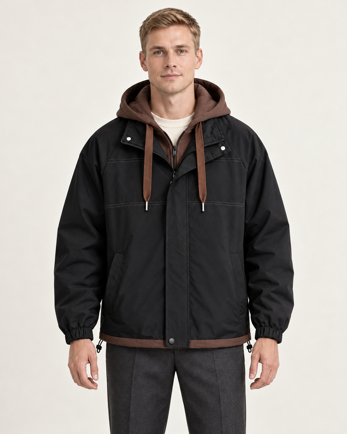 Men's hooded jacket in black, front view