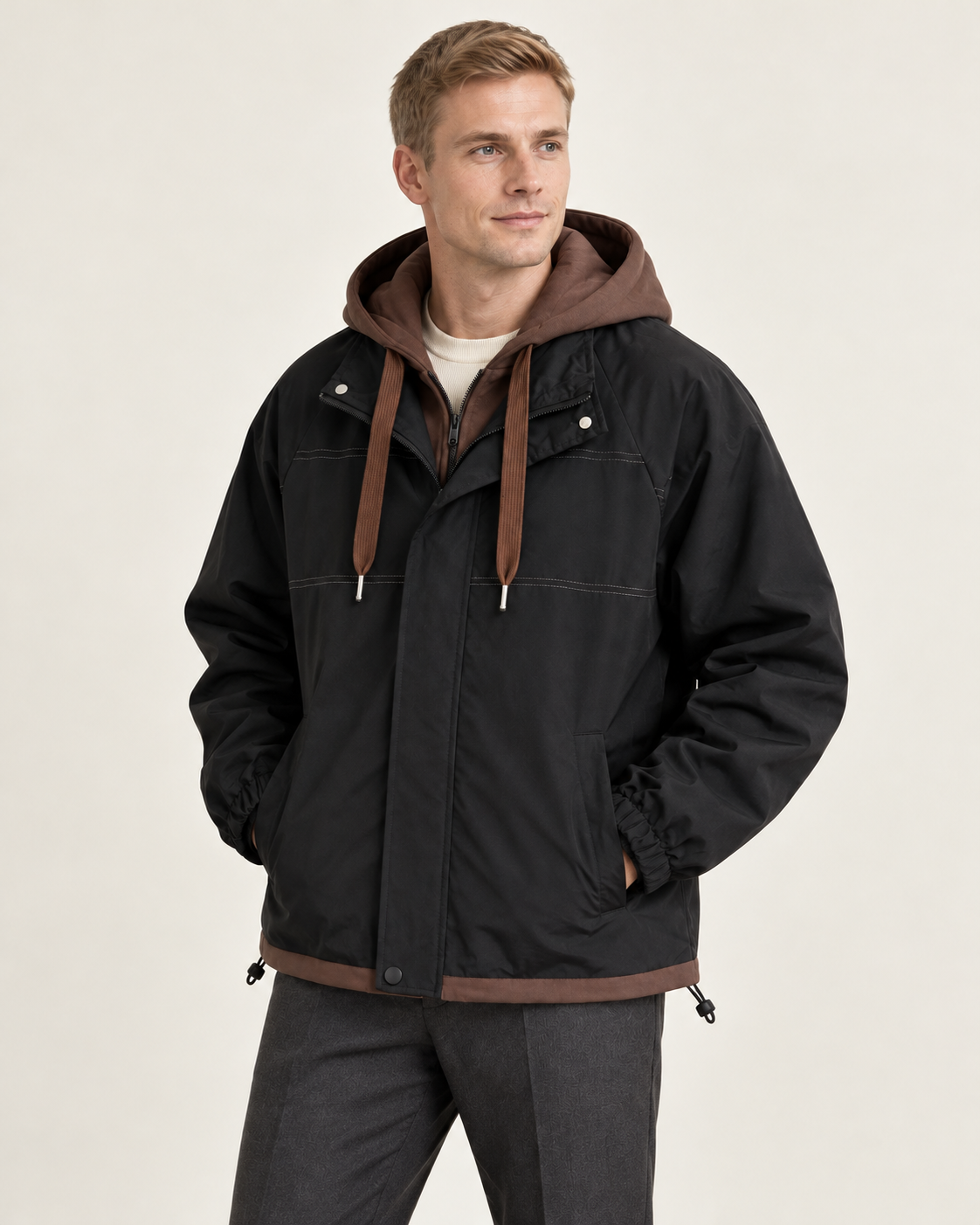 Men's hooded jacket in black, three-quarter view