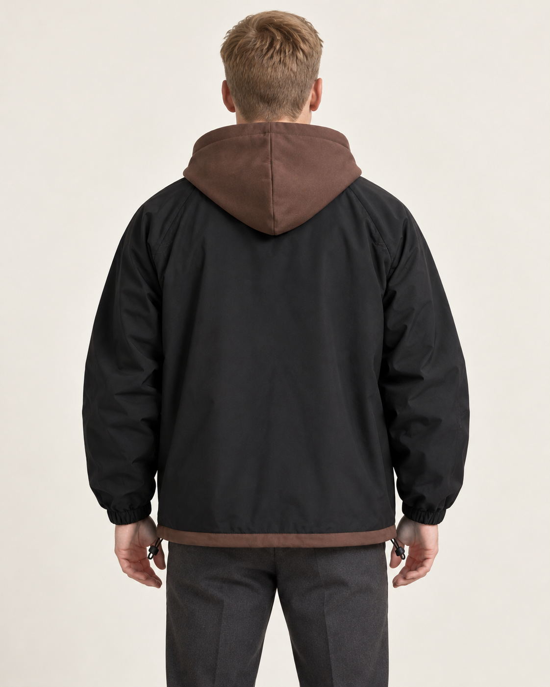 Men's hooded jacket in black, back view