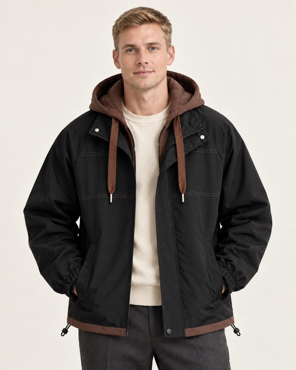 Men's hooded jacket in black, styling view