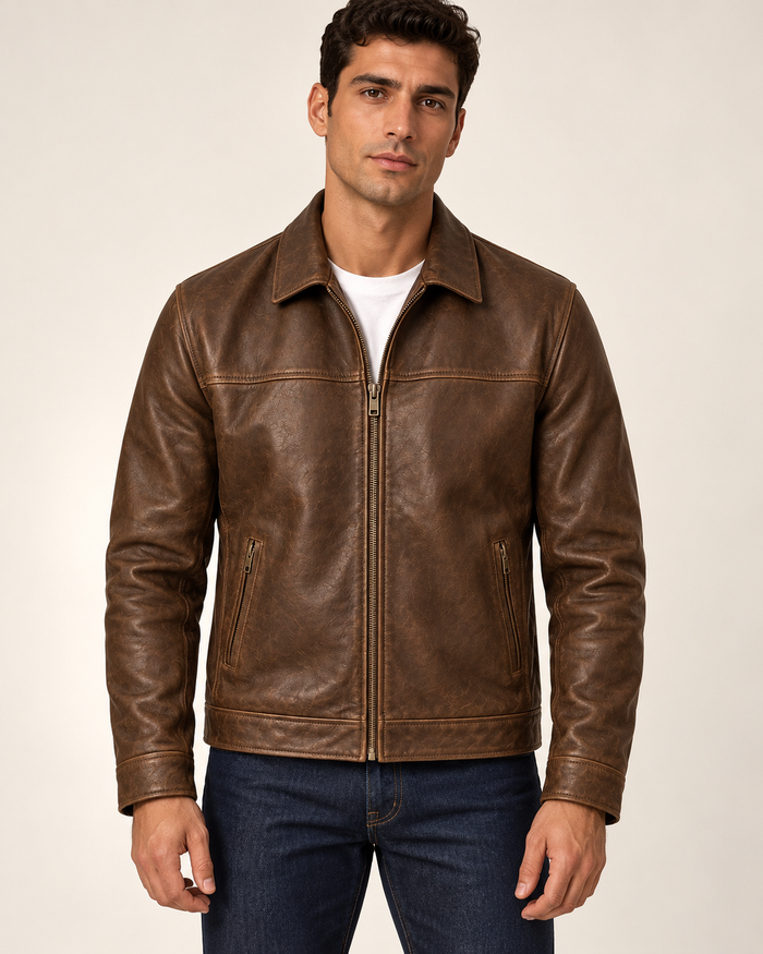 Men's leather jacket in brown, front view