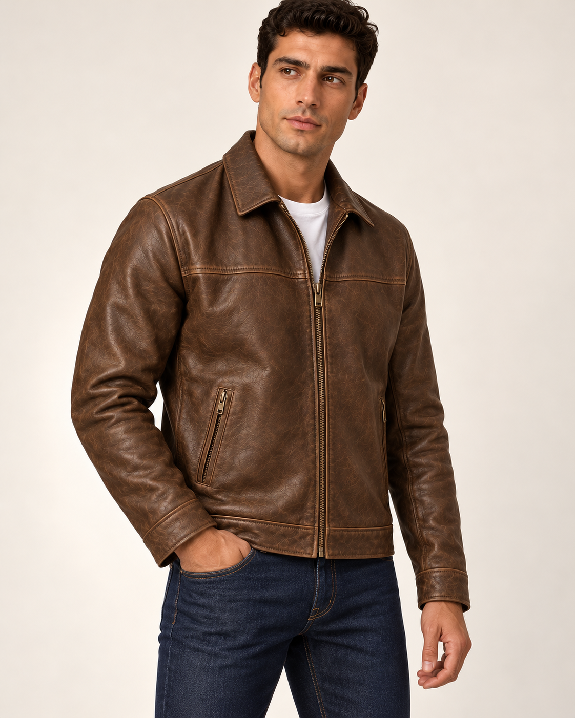 Men's leather jacket in brown, three-quarter view