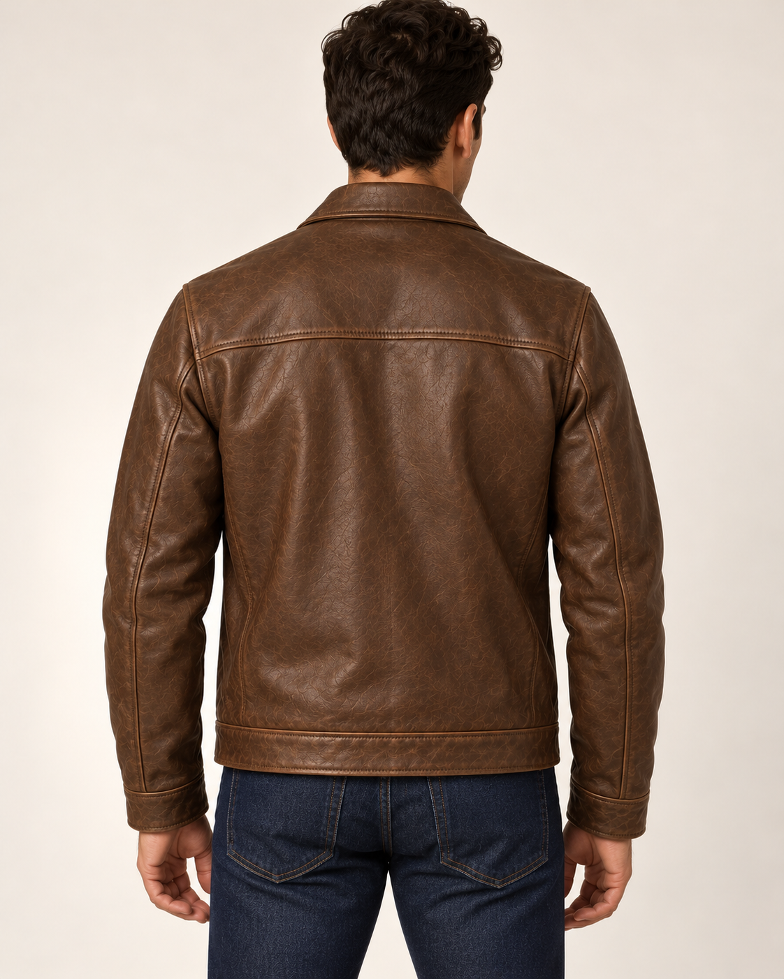 Men's leather jacket in brown, back view